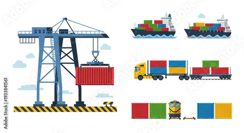 Container Ship Crane Truck Train Cargo Logistics.