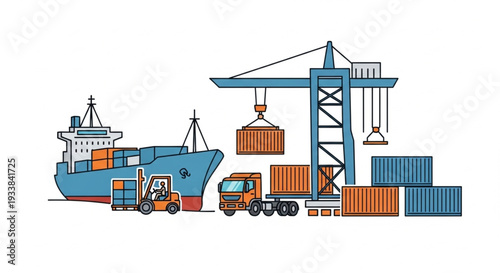 Container Ship Loading and Unloading at Port with Crane and Forklift.