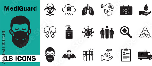 Medi Guard – 18 Medical, Healthcare, and Safety Vector Icons for Disease Prevention, Emergency Response, and Health Awareness
