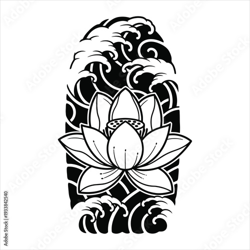 Traditional Lotus Water Wave Tattoo Vector Illustration