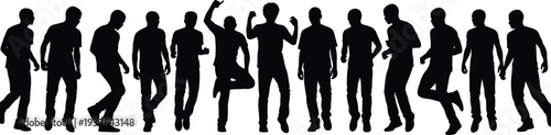 Group of dancing men silhouettes, energetic male poses isolated vector illustration set