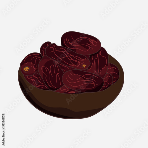 Healthy dried dates fruit in a wooden bowl isolated on white background. Traditional food for breaking fast in Ramadan Kareem, organic sweet snack, and middle eastern fruit