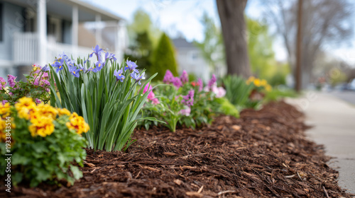 Vibrant spring flower bed with purple irises and yellow pansies along a sidewalk