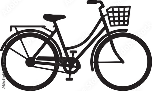 Black and white bicycle with front basket and rear rack also transparent background