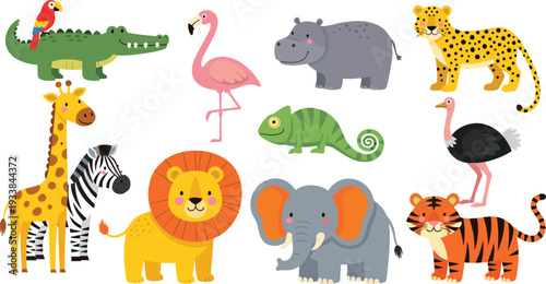 Set of cute cartoon safari animals featuring a lion elephant giraffe zebra tiger leopard crocodile with parrot flamingo hippo chameleon and ostrich for nursery and kids education illustration.