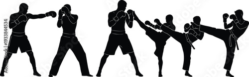 Boxing and martial arts fighters silhouettes, combat sport action poses isolated vector set