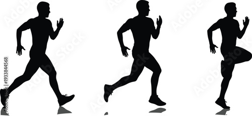 Running man silhouettes sequence, male athlete jogging isolated vector collection on white background