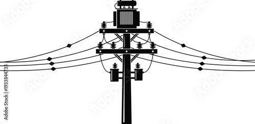 Utility pole transformer silhouette, electrical distribution line equipment isolated vector illustration