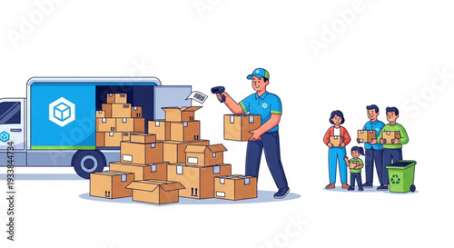 Delivery Man Unloading Packages from Truck.