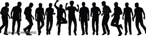 Dancing men silhouette collection, energetic male party poses isolated vector illustration