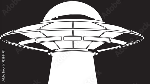 Monochrome flying saucer illustration against a dark background, futuristic spacecraft design.