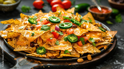 Delicious loaded nachos with melted cheese jalapenos olives and beans on a white plate appetizing