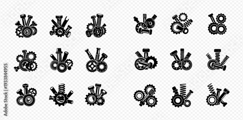 Set of black and white steampunk engine parts, gears, and mechanical elements on a transparent background.