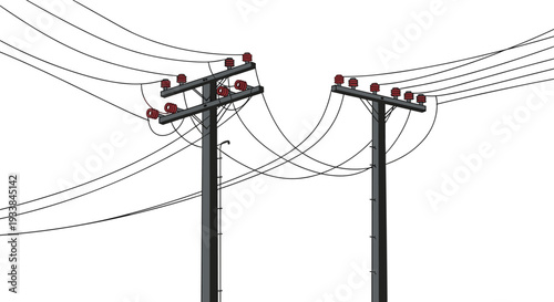 Electric utility poles with power lines and insulators, electricity distribution vector isolated on white background