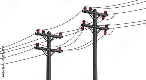 Electric utility poles with power lines, distribution network isolated vector illustration