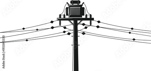 Electrical transformer pole silhouette, power distribution lines isolated vector illustration on white background