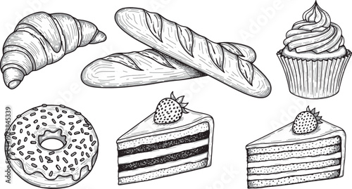 Vintage Hand Drawn Bakery and Pastry Elements Set