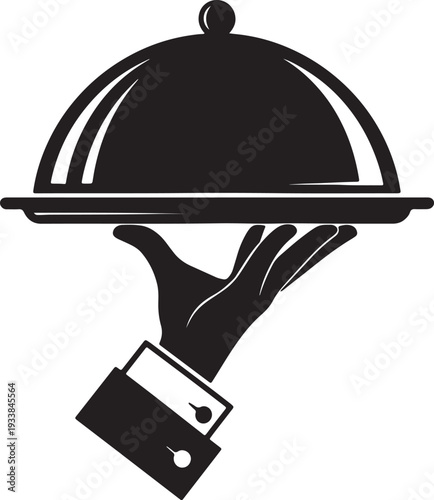 Black and white hand holding silver serving tray with cover also transparent background