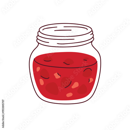 Glass jar of homemade strawberry jam with whole berries for organic pantry branding and rustic breakfast menu graphics or grandmother recipe blog