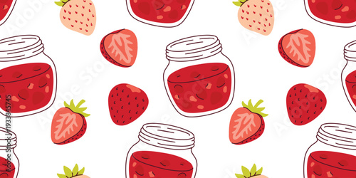 Seamless pattern with strawberries and glass jam jars for kitchen textile design artisanal food packaging and summer pantry wallpaper