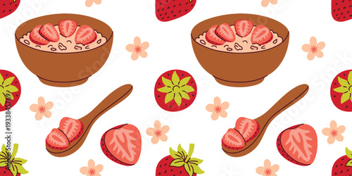 Seamless pattern with strawberries and healthy oatmeal bowls for wellness cafe branding breakfast cereal packaging and organic textile design