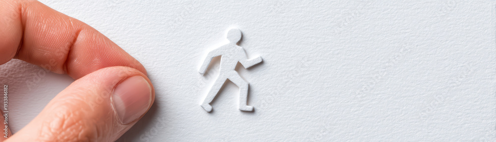 Fototapeta premium Hand holding small white paper cutout figure of person walking on textured white surface, minimal style flat lay close up with soft natural light and clear details