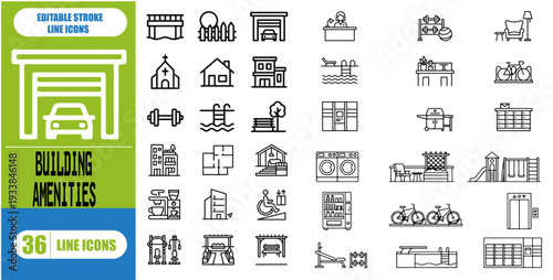 Building amenities icon set. Facilities, parking, elevator, garden, security, reception, swimming pool, concierge, pet friendly, gym and more. Solid vector icons collection.