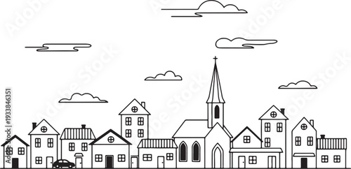 Bilde på lerret Black and white line of a small town with houses church and clouds also transpar
