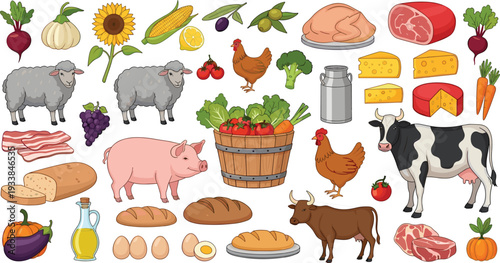 Mega-set of farm fresh food vectors featuring livestock like cows sheep and pigs alongside products fresh vegetables fruits bread and raw meat for grocery market and agricultural illustration.