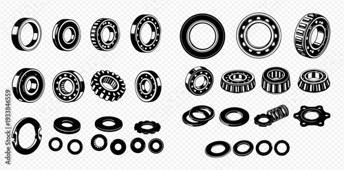 Set of various ball and roller bearings, mechanical parts for industrial machinery and automotive components.