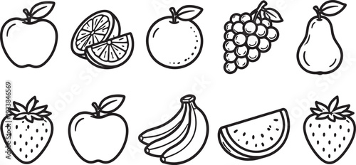 Black and white line of assorted fruits including apples oranges grapes pears strawberries banana and watermelon also transparent background