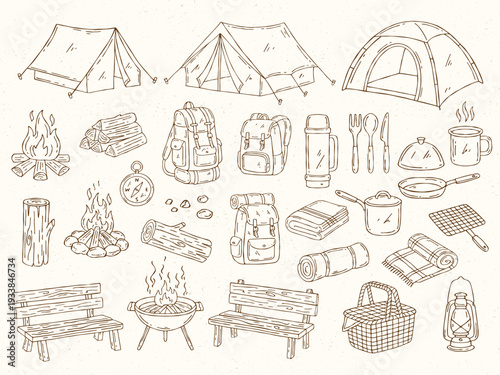 Hand-drawn camping doodle vector set with tents, campfire, picnic accessories, backpacks, lanterns and outdoor elements. Minimal clean outline illustrations