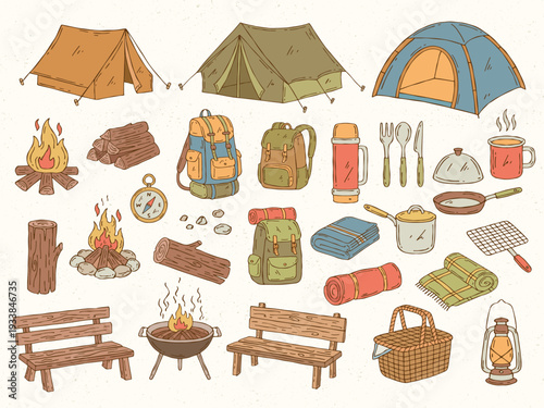 Hand-drawn camping vector set in playful colorful style with tents, campfire, picnic accessories, backpacks, lanterns and outdoor elements. Decorative illustrations with soft natural colours