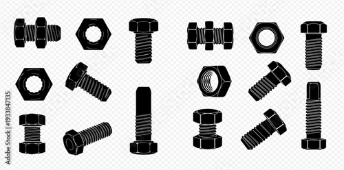Set of black bolt and nut icons, industrial fasteners for construction and engineering projects.