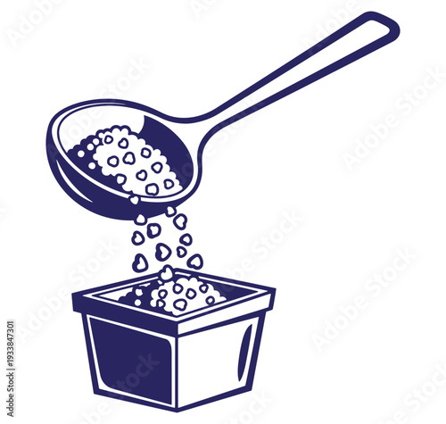 Dark blue spoon pouring granular substance into a square container with white background