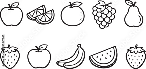 Black and white line of various fruits including apples oranges grapes pears strawberries bananas and watermelon also transparent background