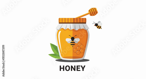 Honey Jar with Bees and Honey Dipper.