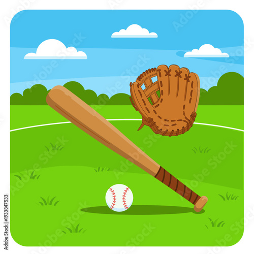 A baseball bat and glove in a sunny park with clouds and green grass in the background