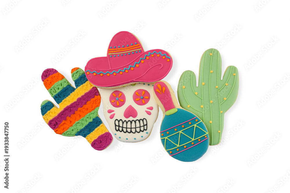 Fototapeta premium Colorful skull, cactus, and maraca cookies, isolated, PNG