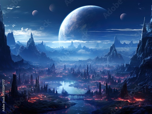 Wallpaper Mural Mystical Alien Planet with Floating Cities and Moons Torontodigital.ca