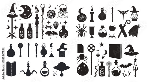 Halloween magic wand, spell book, potion bottle, and crystal ball, spooky witchcraft vector illustration