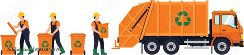 Waste management vector set featuring a modern orange garbage truck and sanitation workers in safety gear collecting orange recycling bins with the universal recycle symbol.