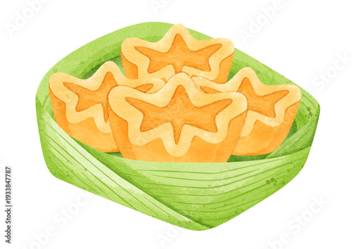 Assorted Thai Traditional Desserts – Foi Thong, Thong Yip, Thong Yod and Med Kanoon, Golden Auspicious Thai Sweets on Banana Leaf