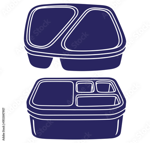 Hand-drawn outline illustration of two reusable lunch box containers with various compartments and a white background.
