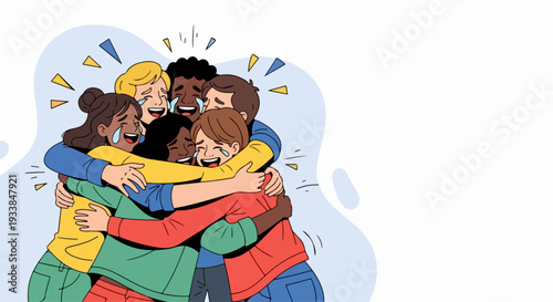 Happy diverse people embracing each other in close group hug, radiating joy and warmth. Close bond brings various individuals together,