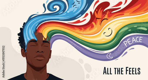 Colorful emotional spectrum flows from person's head, illustrating diverse feelings. Emotional spectrum depicts moods, expressions, mental states. Artwork for mental wellness, self expression,