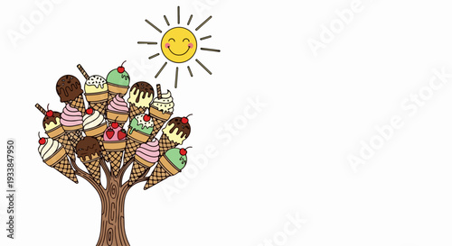 Cartoon ice cream tree under bright sun, colorful cones with chocolate, vanilla, strawberry scoops. Ice cream tree includes whipped cream, cherries, symbolizing summer.
