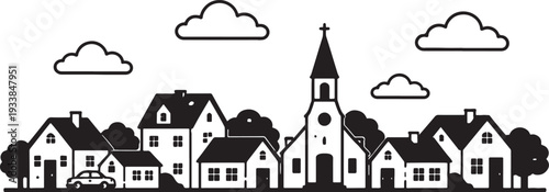 Black and white of a small town with houses church and clouds also transparent background village