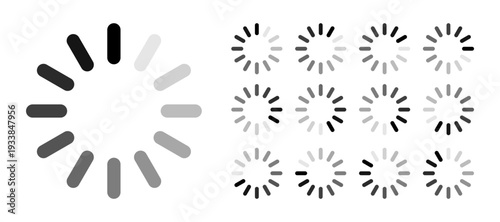Minimalist circular loading buffering icon set with rounded bar progress status for digital UI UX interface design.