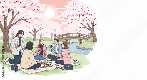Cherry blossom picnic shows friends gathering outdoors under blooming sakura trees. People share food and drinks on blanket, creating cheerful spring cherry blossom picnic atmosphere.